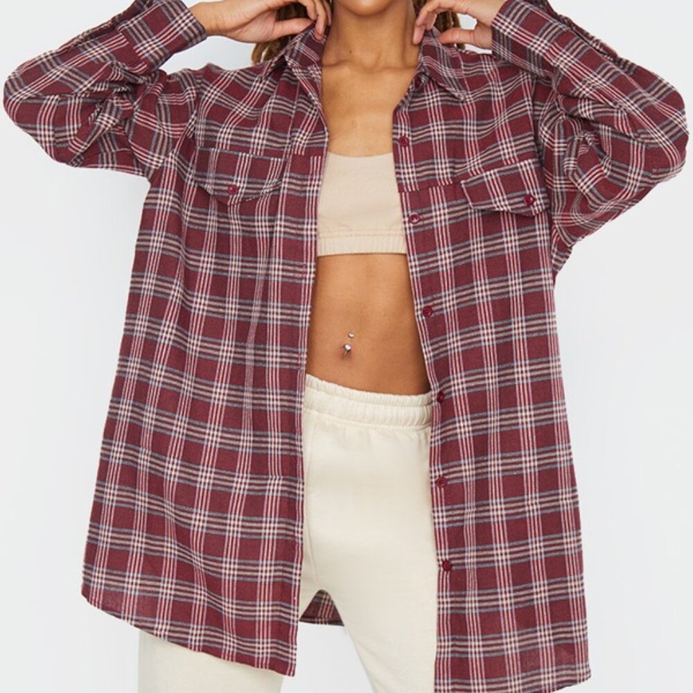 Prettylittlething Dark Red Checked Oversized Butt… - image 1